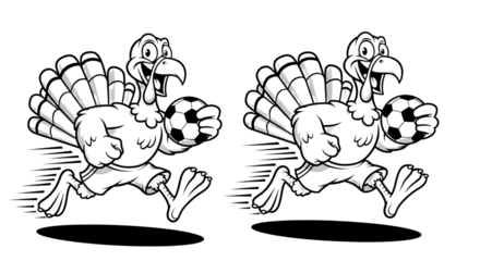 Cartoon turkeys playing soccer, isolated on transparent background