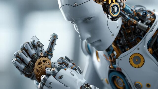 Goal oriented ai concept, Close-Up View of a Human-Like Robot Contemplating Gears in a High-Tech Environment