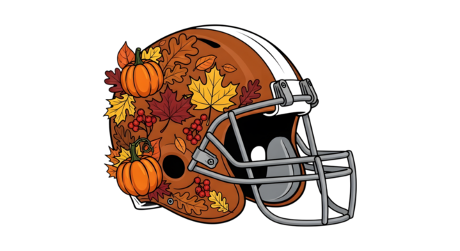 American football helmet decorated with autumn leaves and pumpkins, isolated on transparent background