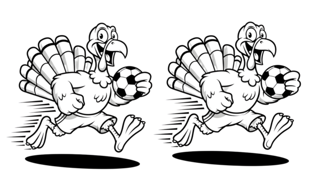 Cartoon turkeys playing soccer, isolated on transparent background