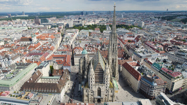 Aerial Drone View of St Stephens Cathedral and Stephansplatz Vienna Austria