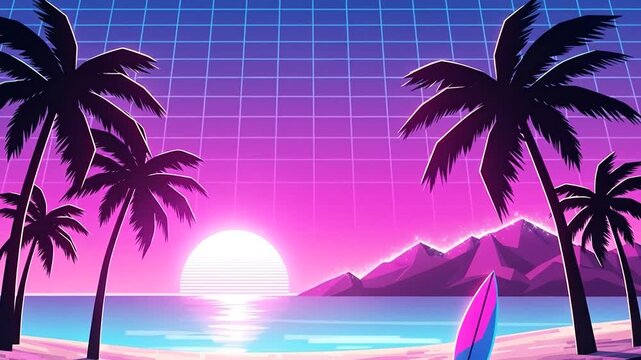 Dreamy vaporwave sunset beach scene with swaying palm trees and retrowave vibes