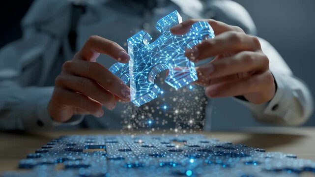 Goal oriented ai concept, Hand of a Robot Carefully Placing a Glowing Digital Puzzle Piece on a Table
