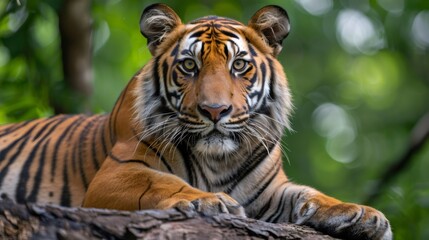 Fototapeta premium Tiger resting on tree trunk watching camera