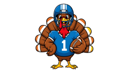 A cartoon turkey wearing a blue football helmet and jersey with the number 1, holding a football, isolated on transparent background