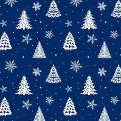 White stylized Christmas trees on a blue background with snow.Vector seamless pattern with white stylized Christmas trees and snowflakes on a blue background.