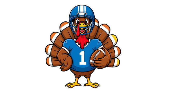 A cartoon turkey wearing a blue football helmet and jersey with the number 1, holding a football, isolated on transparent background