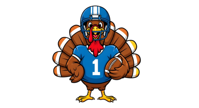 A cartoon turkey wearing a blue football helmet and jersey with the number 1, holding a football, isolated on transparent background