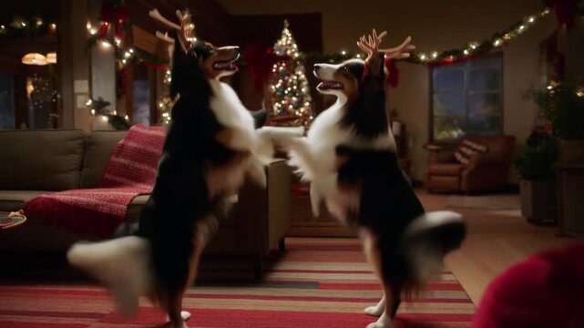 Two shelties with reindeer antlers dance a refined jig on their hind legs a cozy christmas living room, looking at each other with intelligent joy and bright excitement.