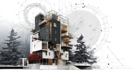 Modern Stacked Geometric Building Design with Architectural Annotations