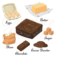 Artistic hand drawn chocolate brownie and baking ingredients food illustration