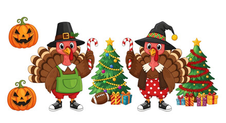 Two cartoon turkeys dressed as pilgrims and witches, holding candy canes, with pumpkins, christmas trees, and gifts, isolated on transparent background