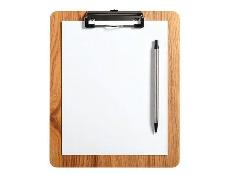 Wooden clipboard with blank white paper, isolated with no background