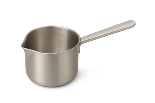 Stainless steel saucepan with long handle, brushed finish, and pouring lip, isolated on white
