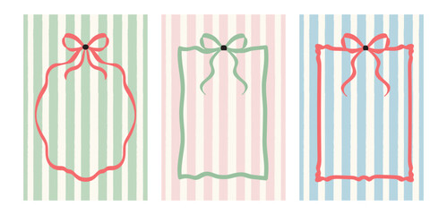 Vintage hand-drawn frames with whimsical lines, bows, and ribbons in a cute coquette style. Minimalist line art borders, perfect vector templates for posters, banners, wedding cards, and invitations.