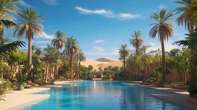 An inviting swimming pool in a lush desert oasis with palm trees and sand dunes