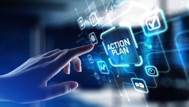 Action Plan Strategic Planning and Goal Setting, projection on a virtual screen, Business and Technology Concept.