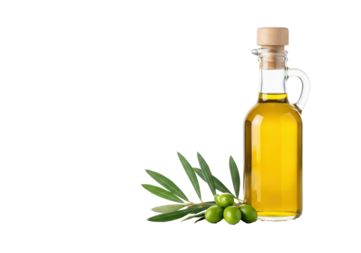 Clear glass bottle of golden extra virgin olive oil with wooden cork, fresh olive branch with green leaves, on reflective white surface, transparent background, Concept for premium olive oil