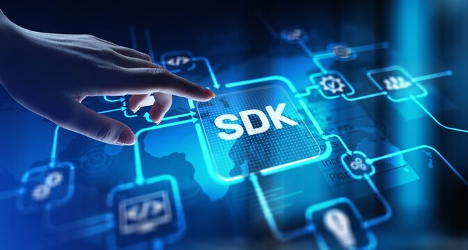 SDK Software Development Kit Enabling Application Development, projection on a virtual screen, Business and Technology Concept.