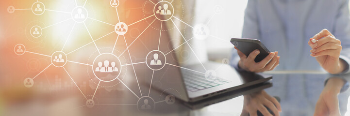 HR Recruitment, Organizational Structures, and Digital Networking in a Connected Workplace on a Wide Banner, Business and Technology Concept.