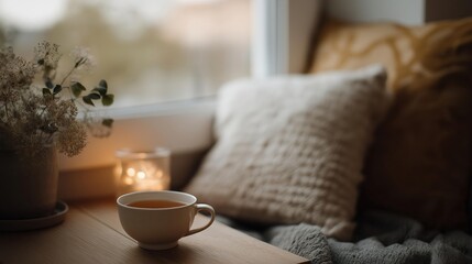 Obraz premium Cozy living room scene with a window in the background. on the left side of the image, there is a wooden table with a vase of dried flowers and a small candle on it.