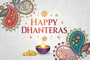 Dhanteras festival card features ornate paisley, diya, and gold coins.