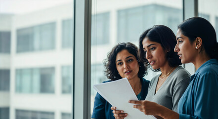 Professional indian women reviewing documents teamwork and creative collaboration workplace