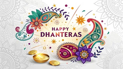 Happy Dhanteras greeting with diya, coins, and festive paisleys.