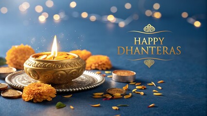 Happy Dhanteras greeting featuring glowing diyas and intricate mandala.