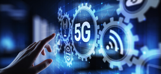 5G Fifth generation of mobile internet. Fast connection. Telecommunication concept on virtual screen.