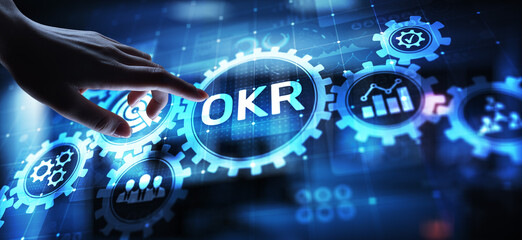 Objective Key Results Business technology process improvement concept on virtual screen.