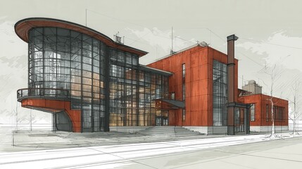 Obraz premium Architectural sketch of a modern industrial building with round glass facade.
