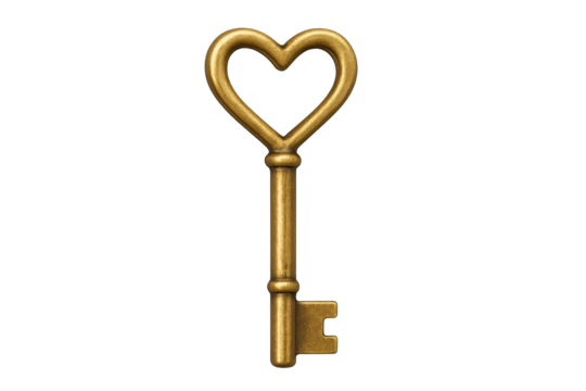 Golden heart-shaped key on transparent background with polished, vintage look