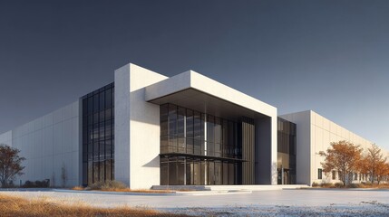 Minimalist distribution center with a stark white facade and autumn trees