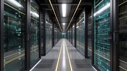 Modern Geometric Data Center Corridor with Glowing Server Racks and Advanced Design