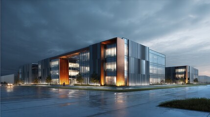 Obraz premium Modern Green Industrial Park Building Exterior with Geometric Design