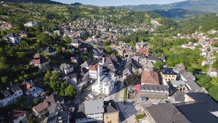 Fototapeta premium Aerial View of Jajce Cityscape with Mosque Bosnia and Herzegovina