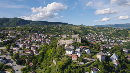 Fototapeta premium Aerial View of Jajce Fortress from Afar Bosnia and Herzegovina