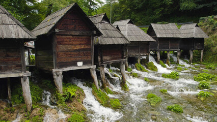 Close Aerial View of Watermills of Jajce Mlincici