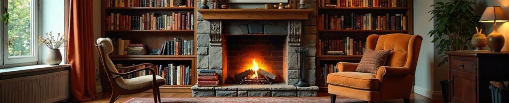 Cozy Living Room Fireplace Warm & Inviting Atmosphere Perfect for Reading or Quiet Conversation. Plush Armchair, Bookshelves, Throw Blanket. Ideal for Relaxation and Comfort.