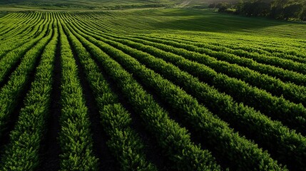 Lush green farm rows extend across  vast agricultural landscape under natural sunlight  crops create striking linear patterns on  fertile ground