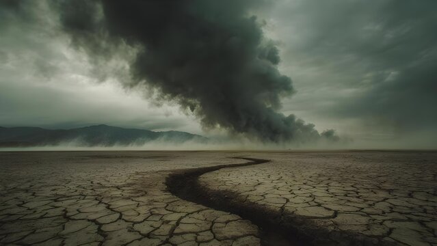 Cracked desert ground with a dark smoke plume rising from the horizon under a stormy, greenish sky. Concept Desert landscape, Cracked ground, Smoke plume on the horizon, Stormy greenish sky
