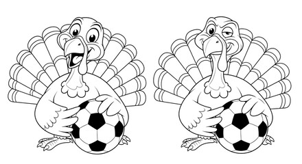 Two cartoon turkeys holding a soccer ball, isolated on transparent background