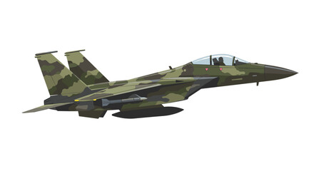 Military fighter jet with camouflage pattern in a side profile view isolated on a white background