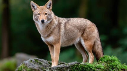 Fototapeta premium Coyote standing on a mossy rock in a dense forest, capturing a moment of alertness in the heart of nature during daytime