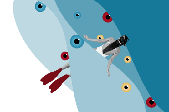 Composite creative art collage of anonym girl swim summer ocean eyes stare control mason eyeball isolated on painted background