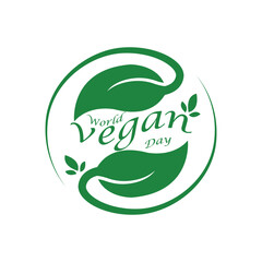 World Vegan Day vector typography letter emblem with white  background with leaf. Eco Graphic for Poster, Template, T-Shirt, Banner.