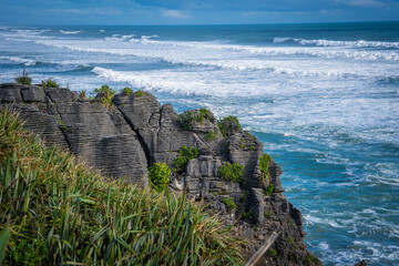 beautiful layer rocks as pancake locate along west coast is very amazing nature landscape South Island New Zealand 
