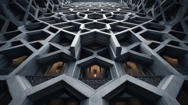 Dramatic Low Angle View of Hexagonal Brutalist Concrete Building