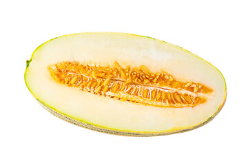 Fresh ripe yellow melon cut in half isolated on transparent background, perfect for design, food concepts, summer themes and healthy nutrition ideas.
